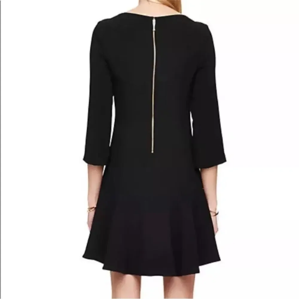 Kate Spade Black Crepe Flounce Dress Solid Size 8 Bateau Boat Neck Mini Elegant